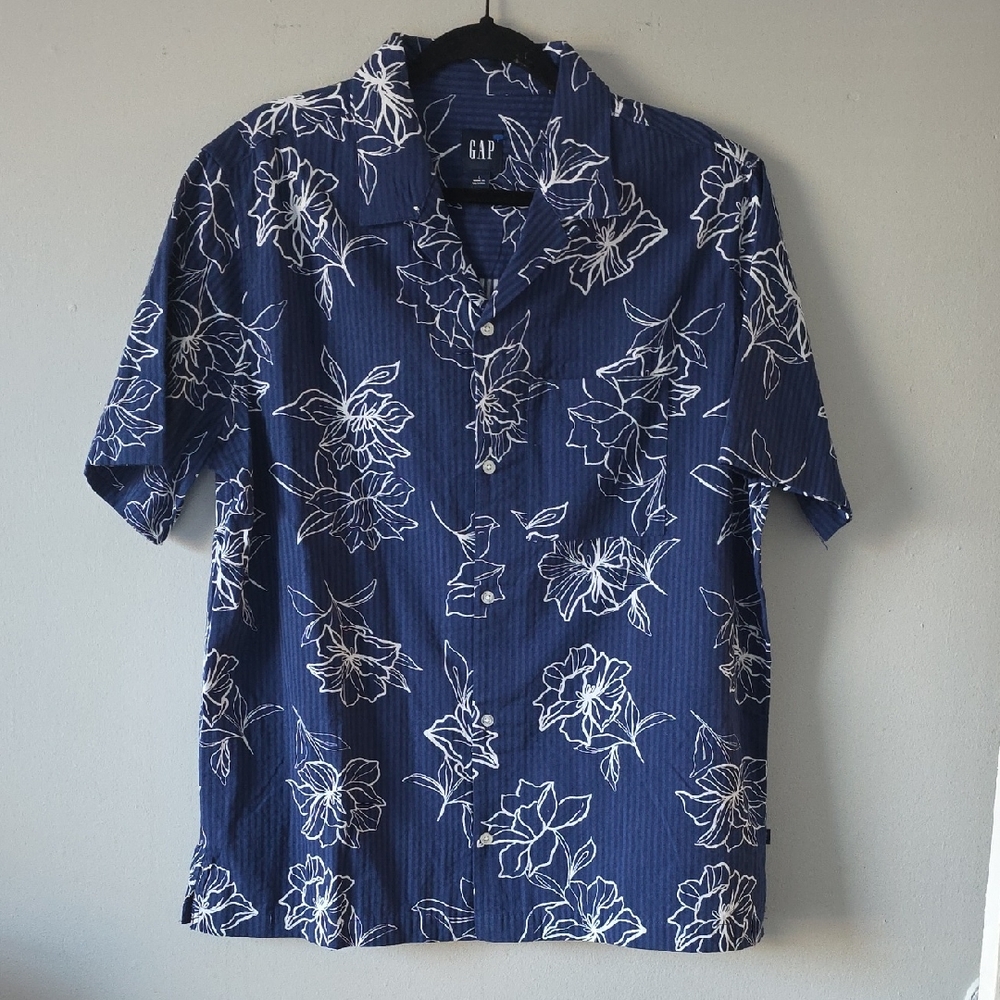 GAP NWT Men's Blue Cotton Short Sleeve Floral Shirt Size L Beach Summer